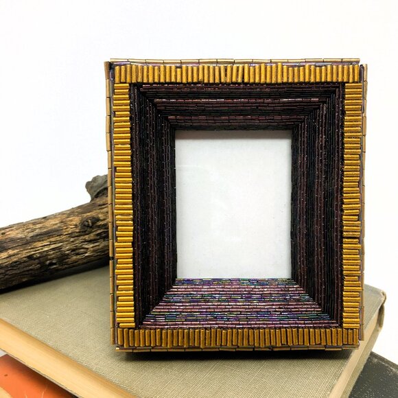 Hand Beaded Matte Gold Purple Bugle Bead Studded Miniature Beveled Wood Frame